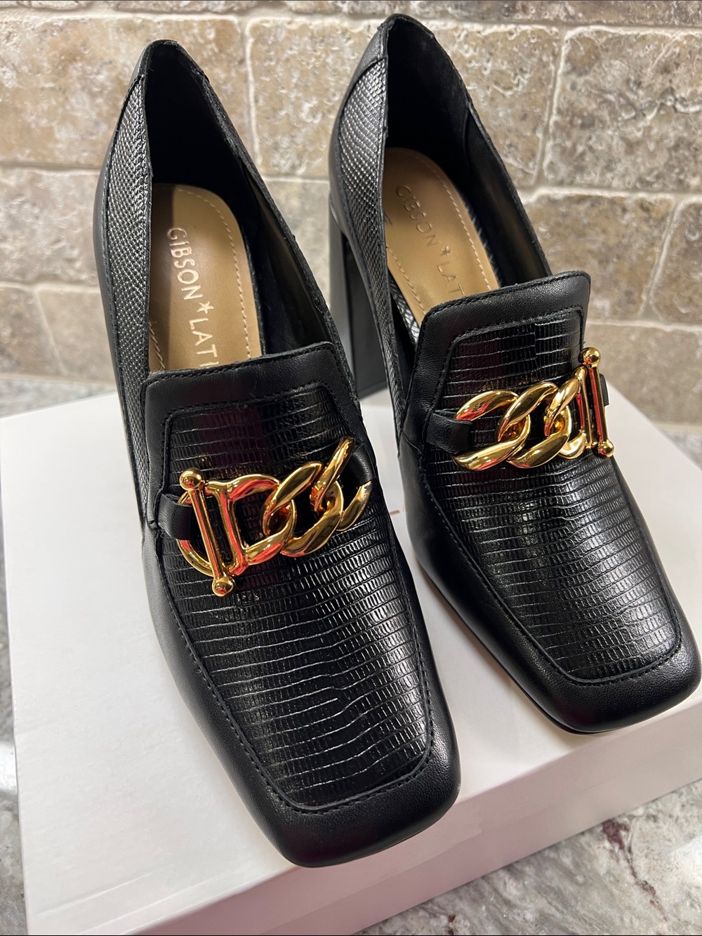 Gibson Latimer Black Leather Block Heel Loafers with Gold Chain - Picture 5 of 6